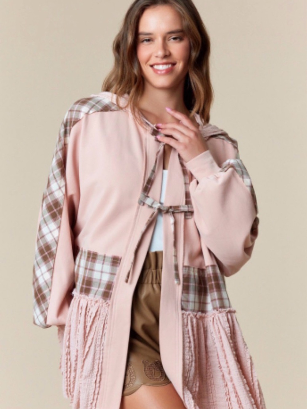 Beautiful Blush Pink Hooded Patchwork Jacket with Plaid Trim Medium